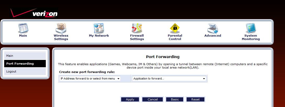 verizon router port forwarding screen