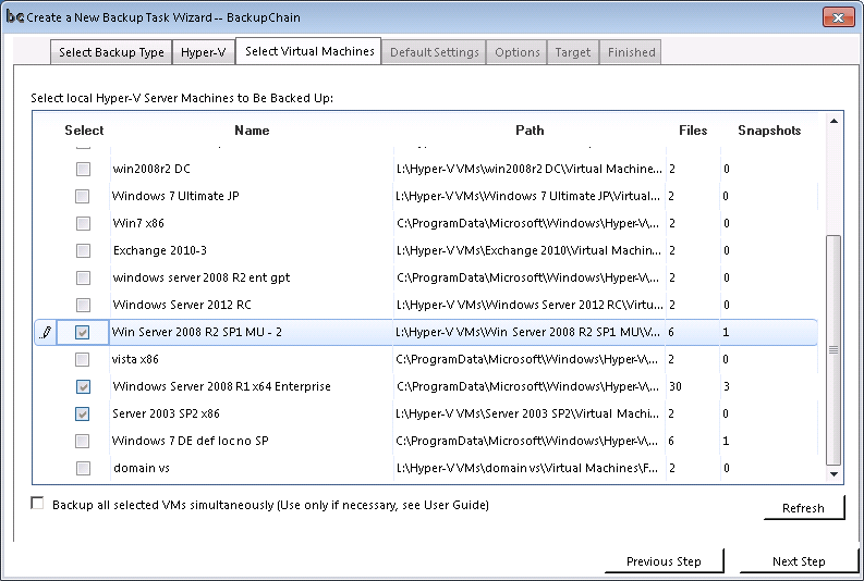 hyper-v virtual machine backup selection