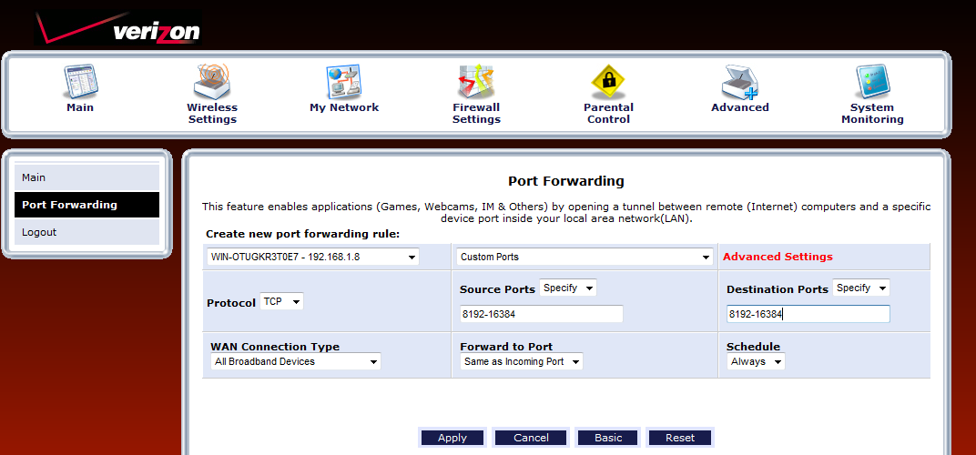 verizon router port forwarding settings for ftp server