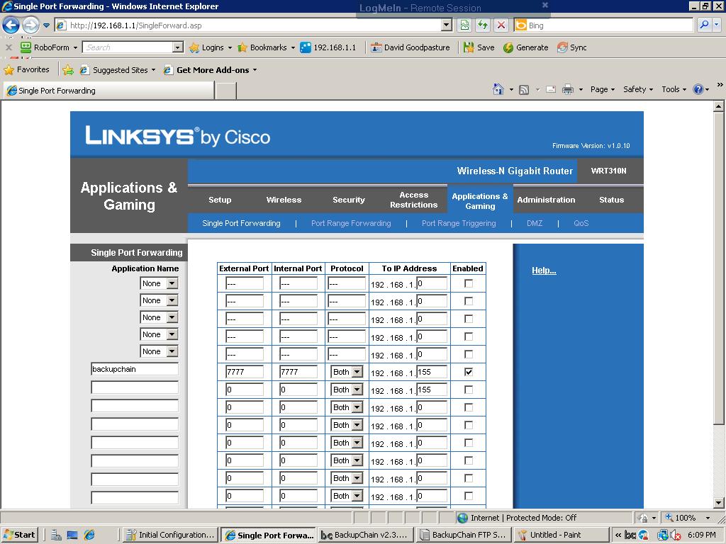 linksys wireless gigabit wrt310n backupchain ftp server configuration