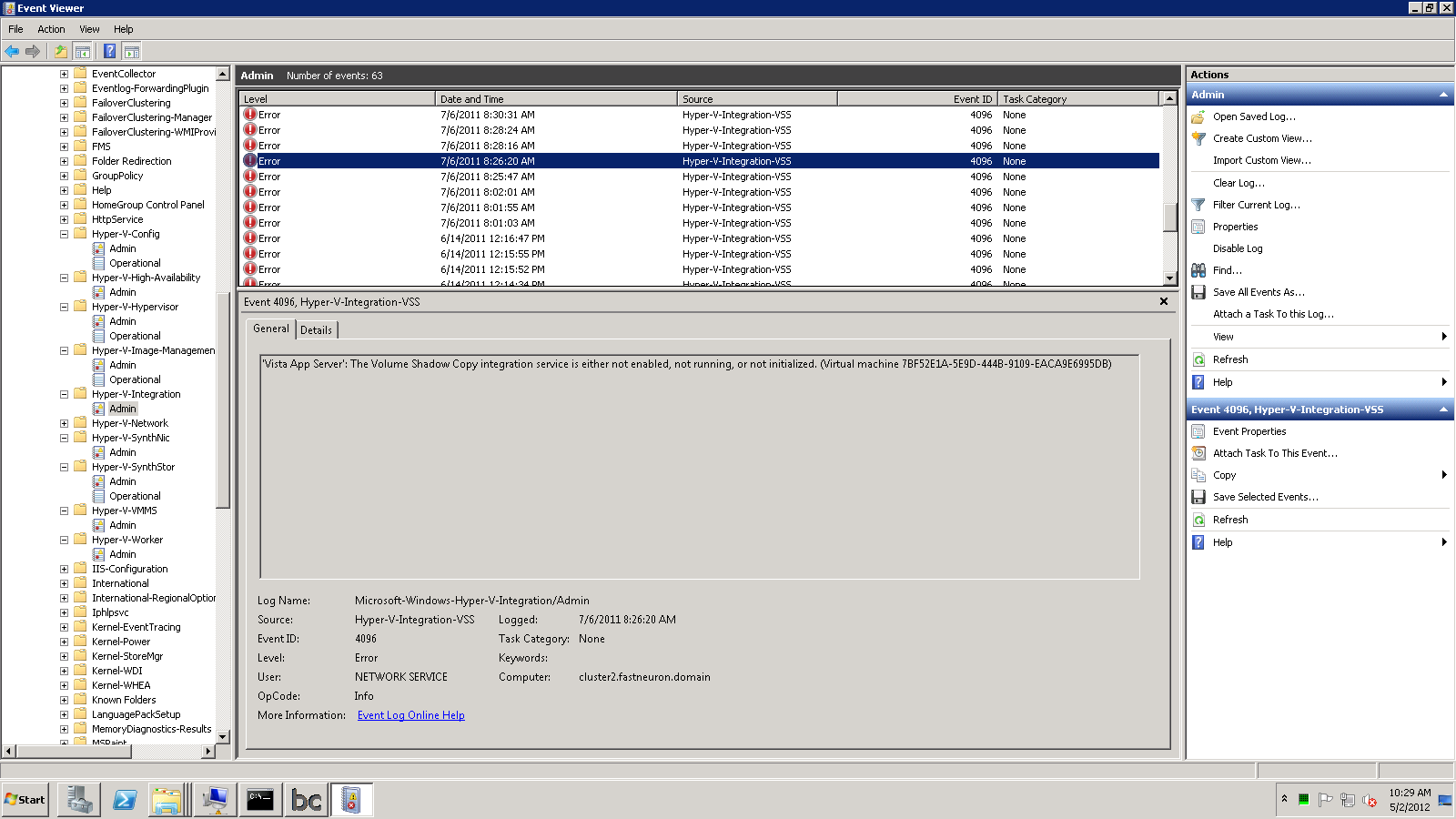 volume shadow copy service error hyper-v event viewer