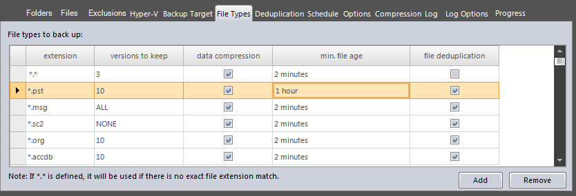 advanced file type configuration for backup