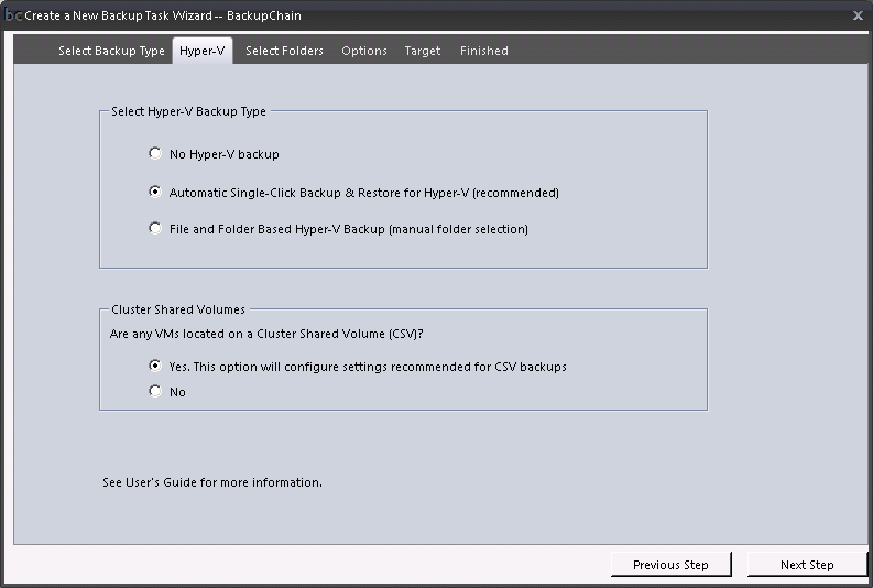 hyper-v cluster shared volume backup settings